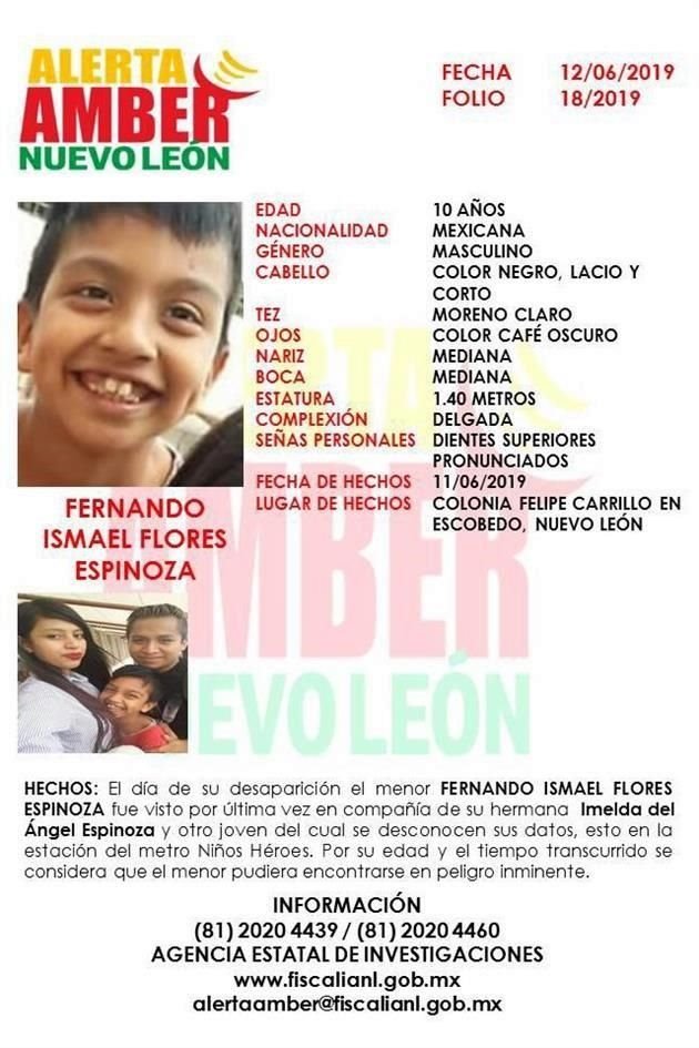 En la Alerta Amber se señala la desaparición de Fernando Ismael Flores Espinoza, de 10 años.