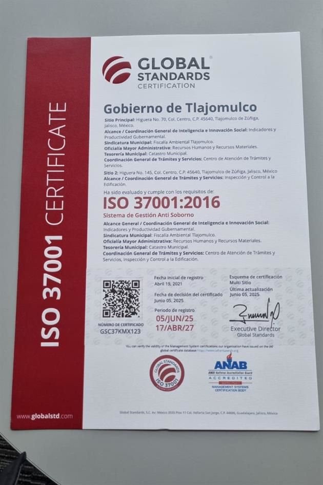 El municipio de Tlajomulco de Zúñiga obtuvo la certificación internacional ISO 37001:2016 en el Sistema de Gestión Antisoborno.