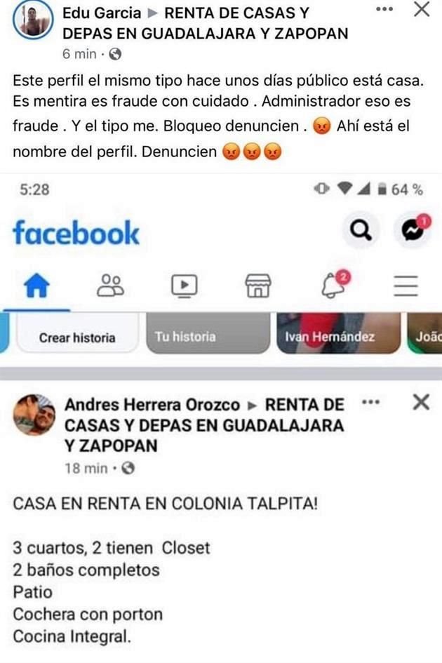 Una usuaria reportó ante un grupo de renta de casas al perfil estafador, al descubrir que caía en contradicciones al pedir informes.