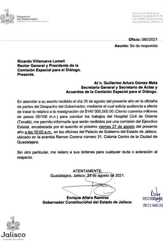 A través de este oficio, el Gobernador dio a conocer que se reunirá con universitarios.