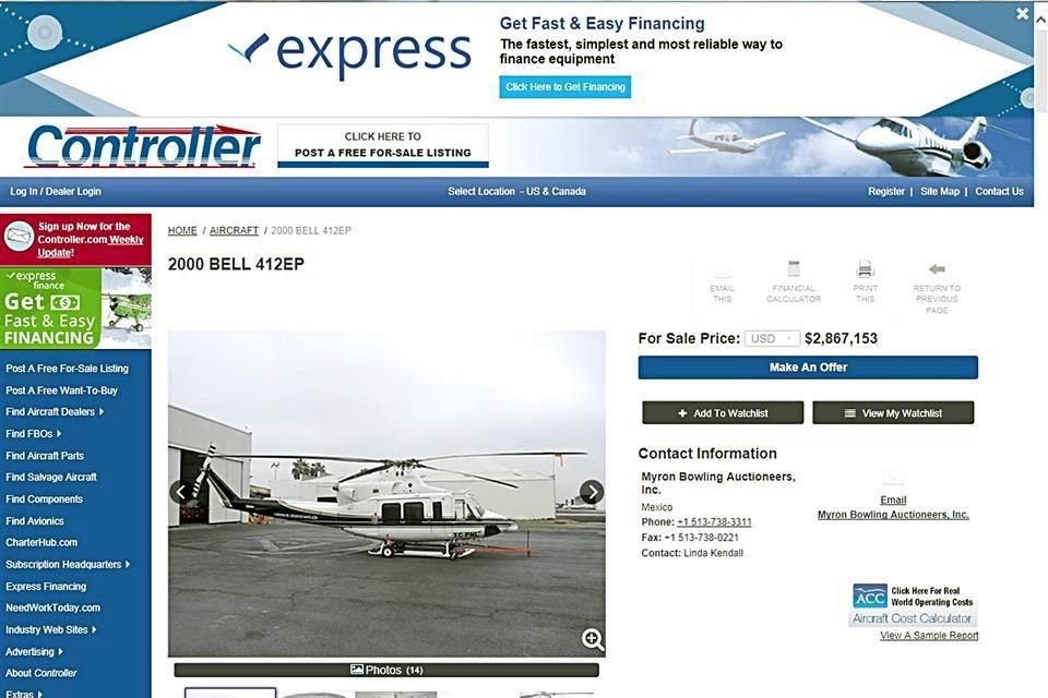 El helicóptero Bell 412 EP fue puesto en venta en el portal norteamericano Controller en 2 millones 867 mil dólares, equivalentes a 54 millones de pesos.