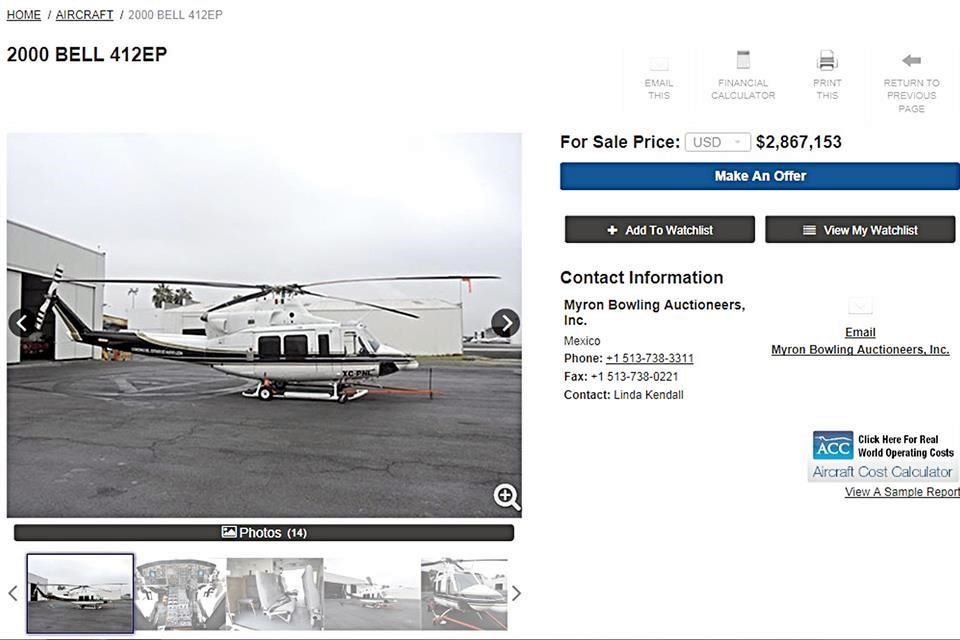 El helicóptero Bell 412 EP fue puesto en venta en el portal norteamericano Controller en 2 millones 867 mil dólares, equivalentes a 54 millones de pesos.