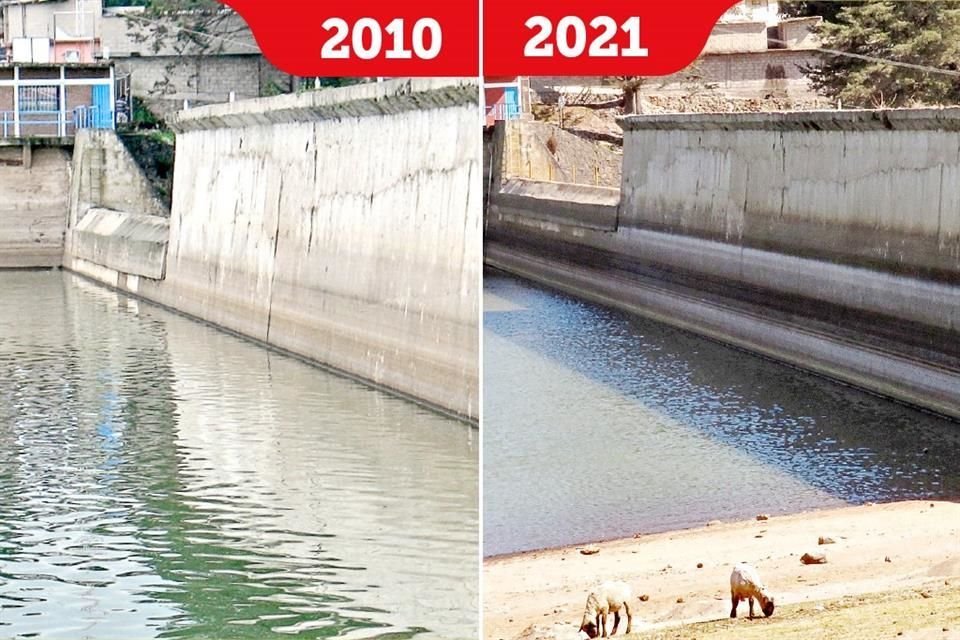 Villa Victoria es la presa con el nivel más bajo de reservas de agua en el Sistema Cutzamala y el descenso está marcado en el piso.