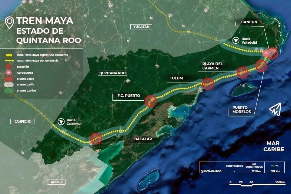 Ruta del tren que pasa por Quintana Roo.