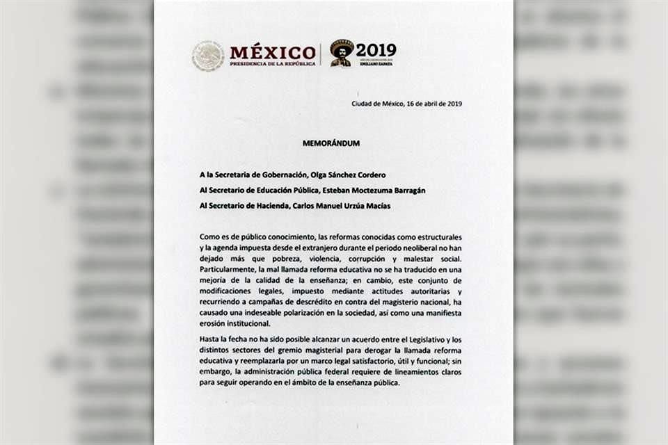 Este es el memorándum en que AMLO ordena a Segob, SEP y SHCP no aplicar la reforma educativa vigente.