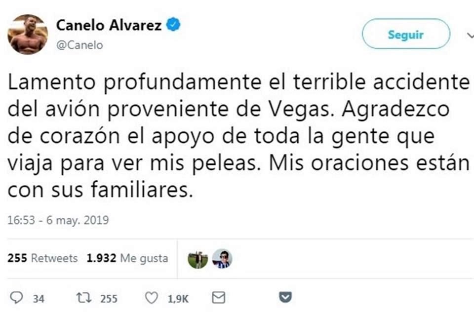 El boxeador Saúl 'Canelo' Álvarez lamentó el accidente de la aeronave en la que viajaban personas que habrían acudido a su pelea en Las Vegas.