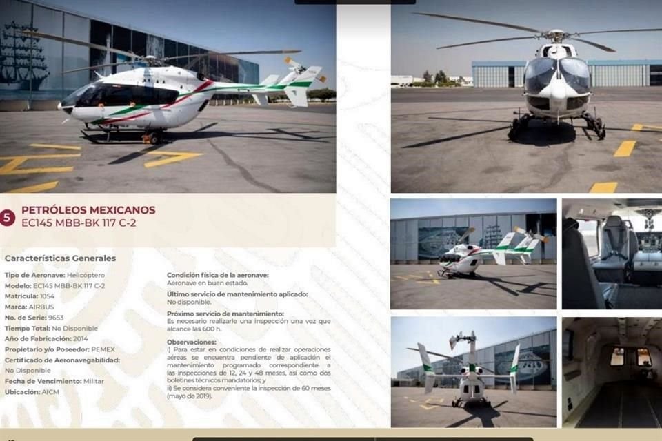 El Eurocopter EC-145 de Pemex figura entre las aeronaves oficiales que se pondrán a subasta.