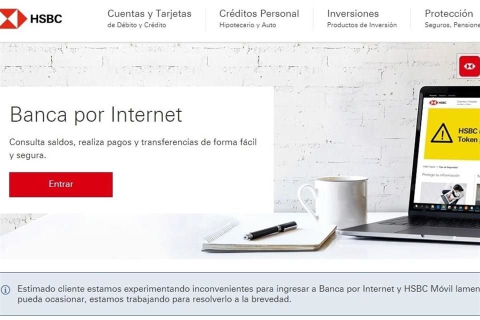 HSBC colocó en su página web un anuncio sobre la falla en su banca en línea.
