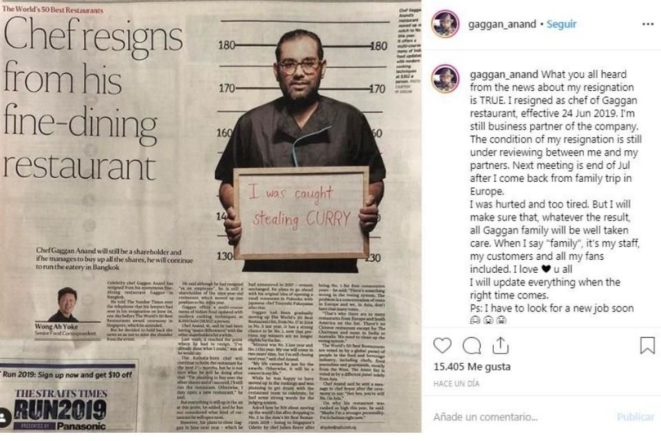 Gaggan Anand, chef del restaurante que lleva su nombre y que recién fue considerado el cuarto mejor del mundo, dejó su puesto.