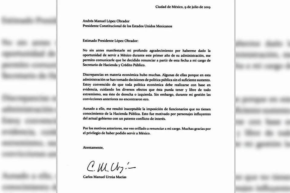 El titular de Hacienda presentó su renuncia en una carta, en la que acusó conflicto de interés en el Gobierno.