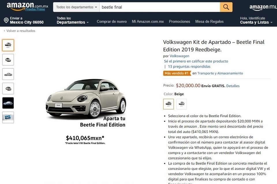 Por primera vez, Amazon comercializa un vehículo en su página de México, se trata de las últimas 65 unidades del Beetle.