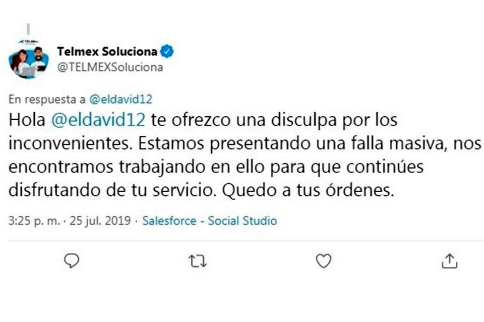 Telmex respondió a usuarios en Twitter que estaba presentando una 'falla masiva' en su servicio de internet Infinitum.