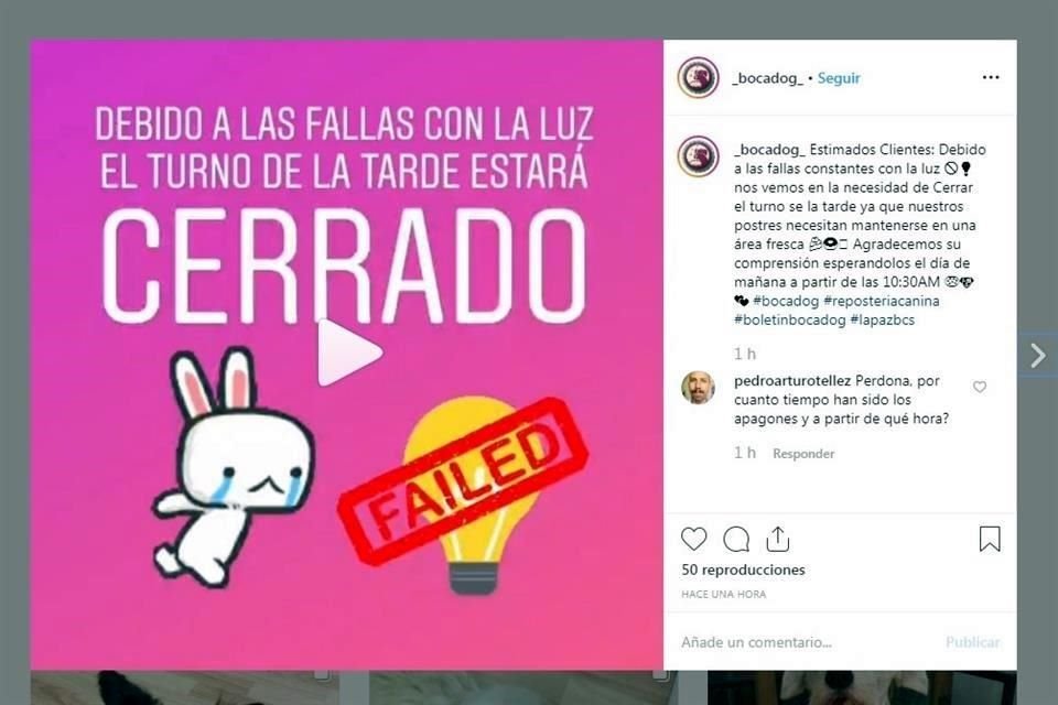 Una repostería canina en La Paz anunció que no abriría el resto del día por los apagones.