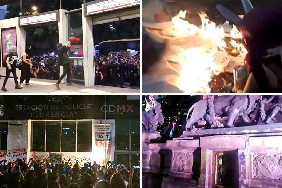 Durante protesta contra violencia de género en CDMX, manifestantes realizaron destrozos y pintas en la estación Insurgentes del Metrobús.