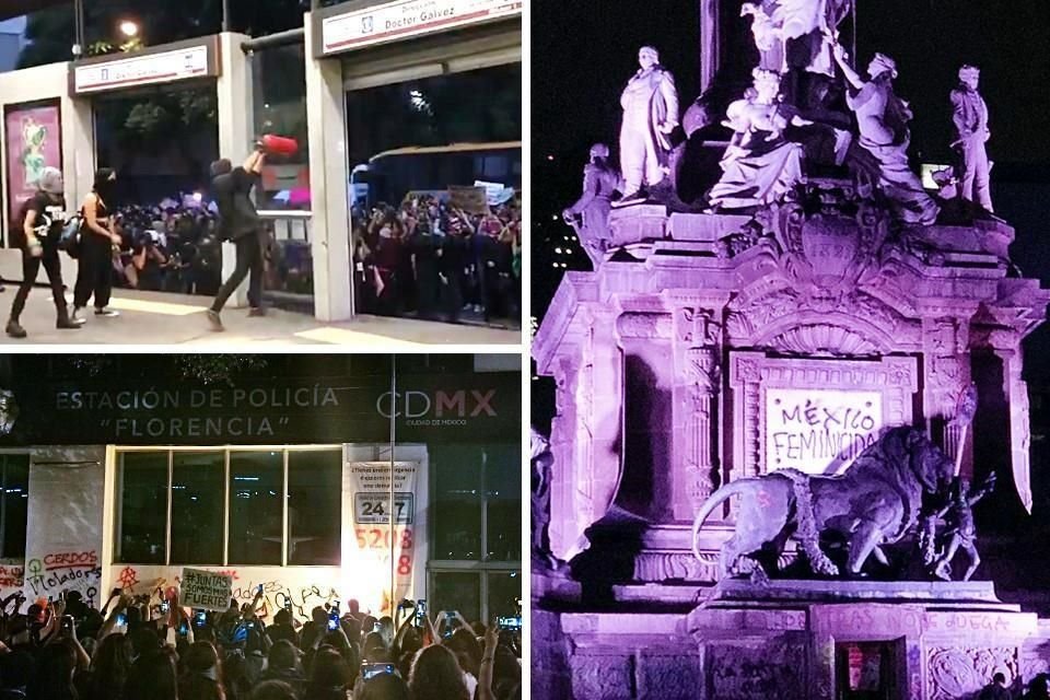 Protesta feminista para 'repudiar violencia' derivó en destrozos en el Metrobús, estación policiaca en calle Florencia y pintas en el Ángel.