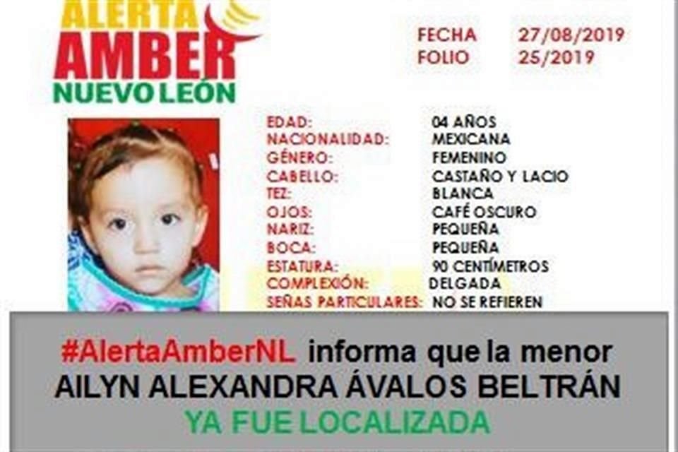 Las autoridades informaron que Ailyn Alexandra fue recuperada y se encuentra en resguardo, tras haber sido sustraída por su padre este martes.