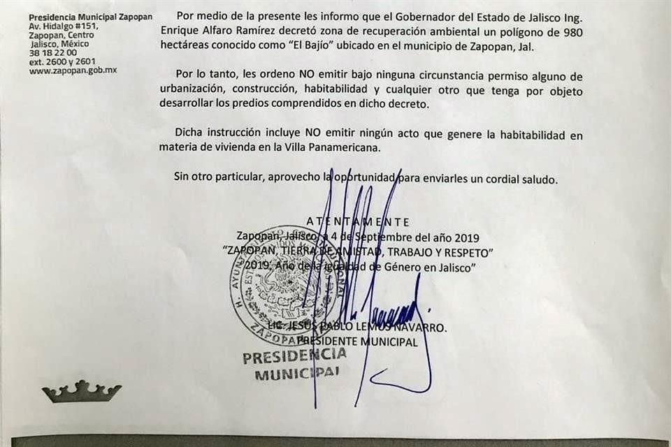 Este es el documento que hizo circular el Alcalde de Zapopan para que no se den permisos para la Villa Panamericana.