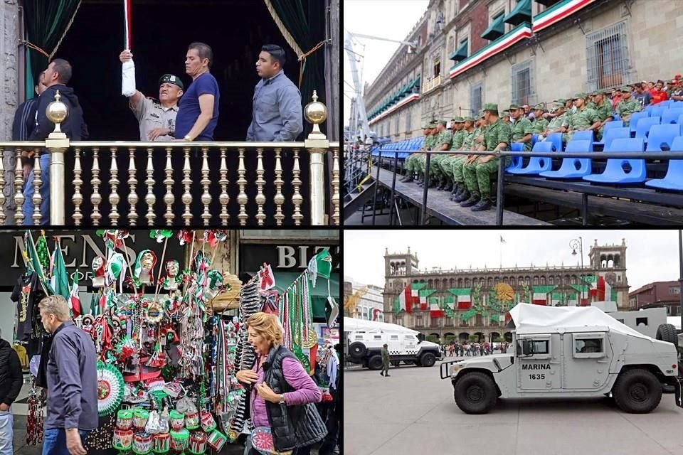 Mientras ultiman detalles en Palacio para Grito de AMLO, en el Zócalo colocaron unidades utilizadas por las Fuerzas Armadas para una expo.