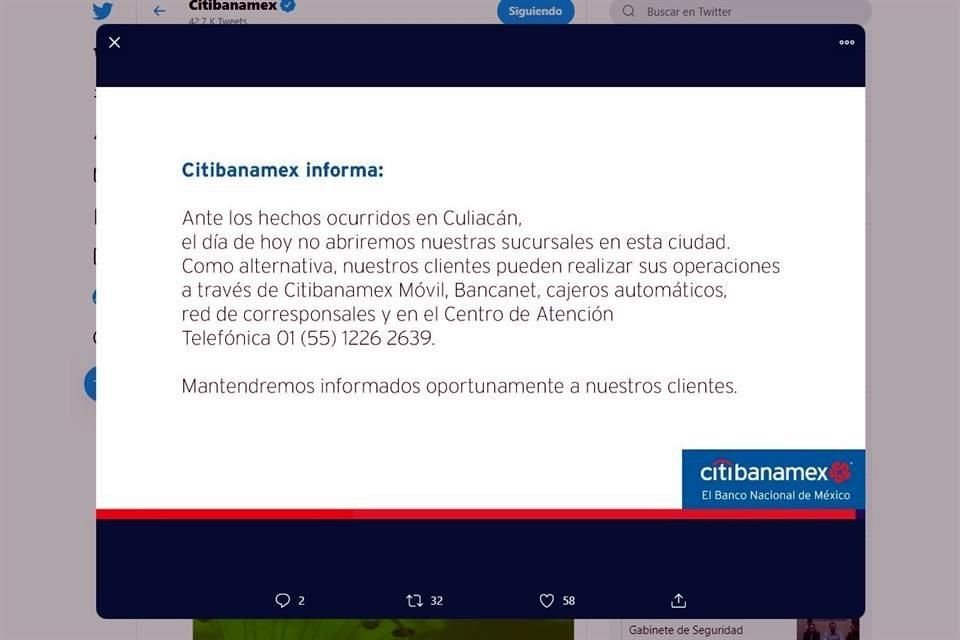 Como medida preventiva, la ABM sugirió suspender las actividades bancarias en Culiacán, Sinaloa.