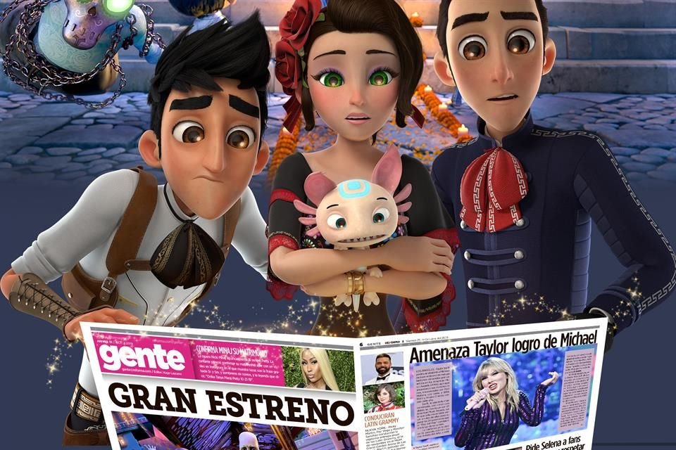 Pedro, Salma y Jorge leen en GENTE la noticia del estreno de 'Día de Muertos' este viernes.