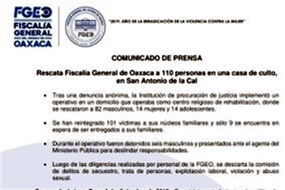 'Se descarta la comisión de delitos de secuestro, trata de personas, explotación laboral, violación y abuso sexual', se añadió.
