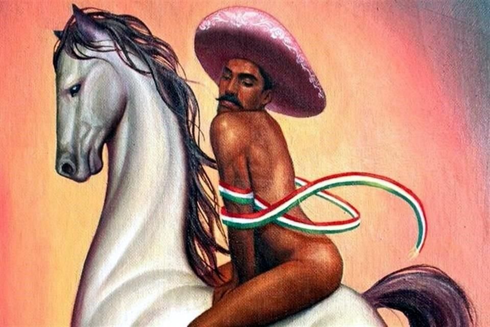 La pintura Cháirez muestra al revolucionario con sombrero rosa y tacones, montando a un corcel con el miembro erecto.