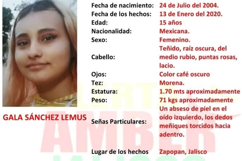 La Fiscalía del Estado emitió una Alerta Amber para solicitar ayuda en la búsqueda de Gala Sánchez Lemus, de 15 años de edad.