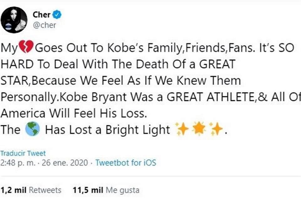 Cher agradeció a Kobe: '...Es tan difícil lidiar con la muerte de una gran estrella, porque sentimos que los conocíamos personalmente. Kobe Bryant fue un gran atleta y toda América sentirá su pérdida.