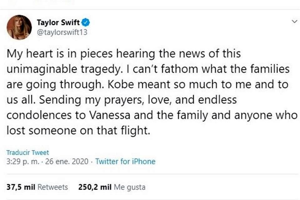 '... Kobe significaba mucho para mí y para todos nosotros. Doy mis oraciones, mi amor y mis infinitas condolencias a Vanessa y la familia...', señaló Taylor Swift.