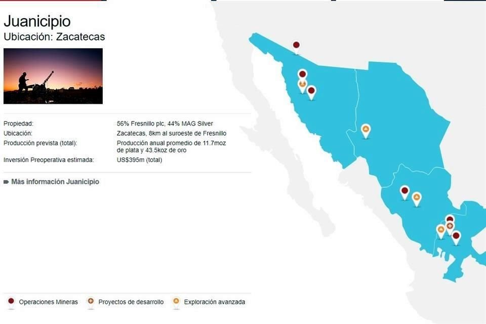 Fresnillo construye, desarrolla y opera la mina Juanicipio, de la que posee una participación del 56 por ciento.