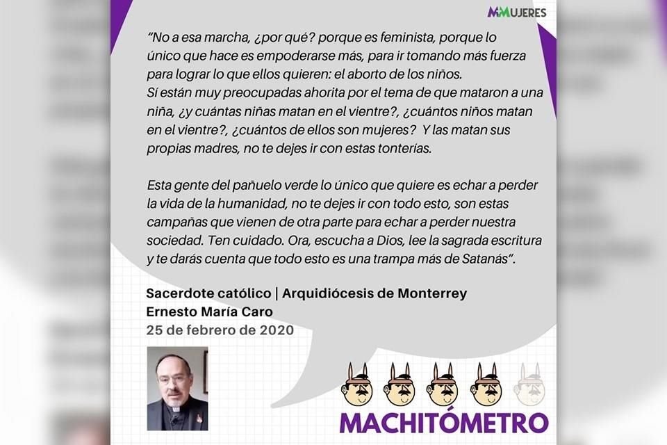 El sacerdote Ernesto María Caro se convirtió en el primer miembro del clero en ser evaluado por el #Machitómetro, señaló Mujeres+Mujeres.