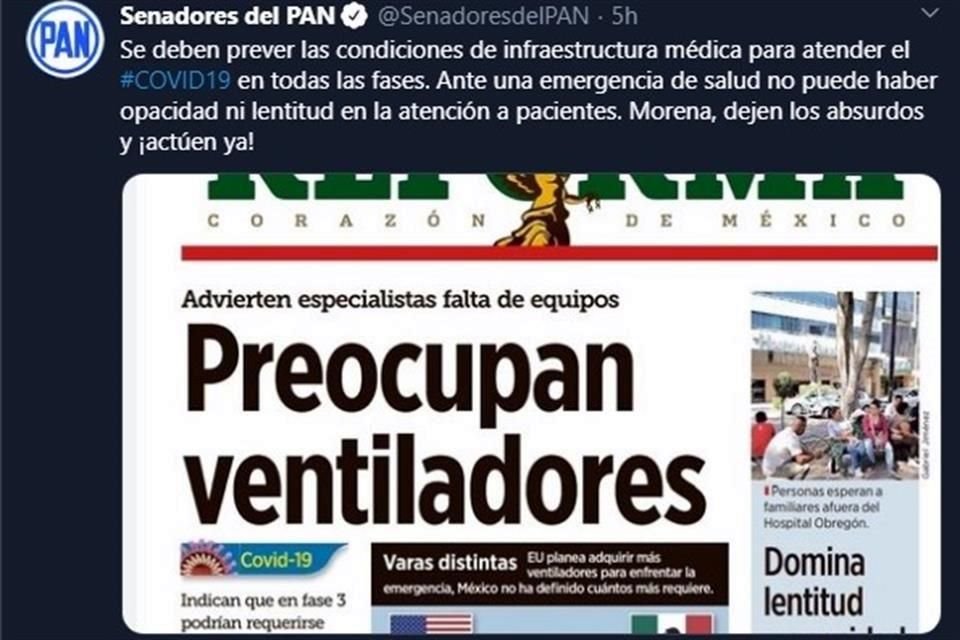 Los senadores panistas se refirieron a la advertencia de especialistas por la posible falta de equipo en la fase 3 de la pandemia.