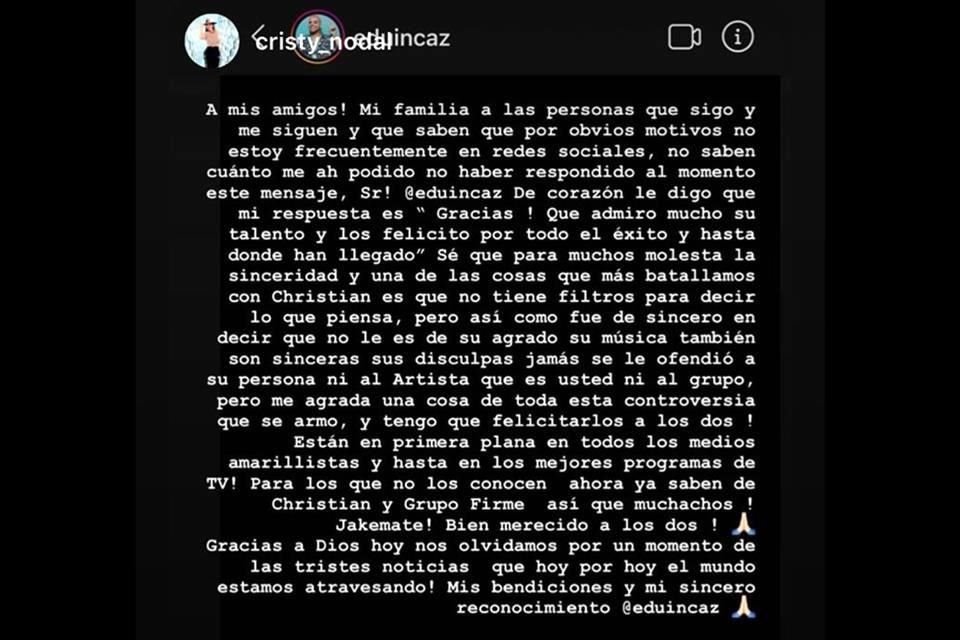 Cristina, mamá del oriundo de Caborca, se dirigió vía redes sociales a Eduin Caz, vocalista del Grupo Firme para defender a su hijo.