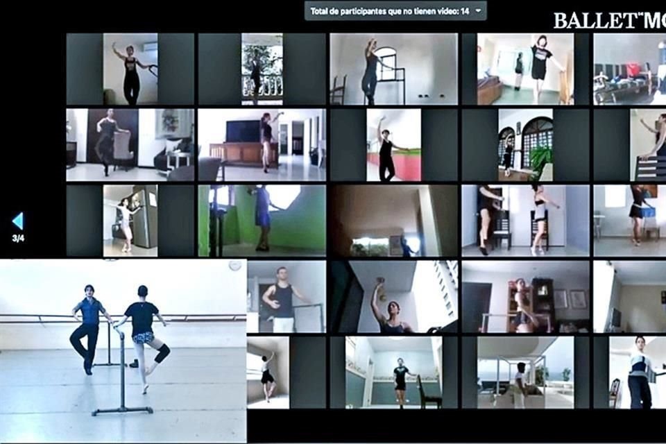 El director artístico Luis Serrano interactúa con los bailarines de la compañía, que aparecen como thumbnails en la pantalla.