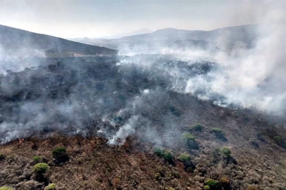 Hay tres helicópteros arrojando agua desde aire para controlar el fuego, se trata de El Palomo, Cuahuatli y Tláloc.