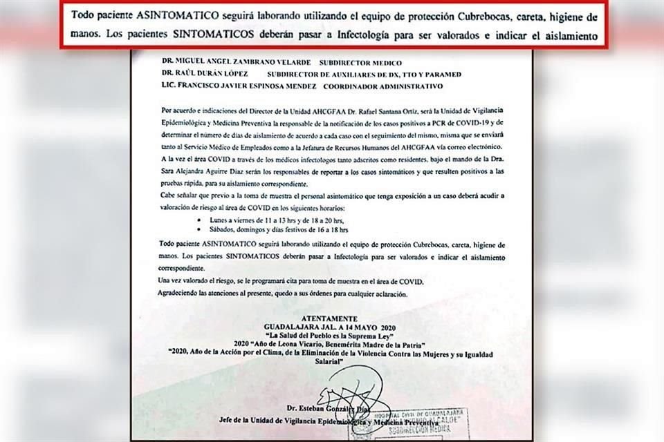 El oficio ordena que continúen sus labores en el hospital los trabajadores asintomáticos.