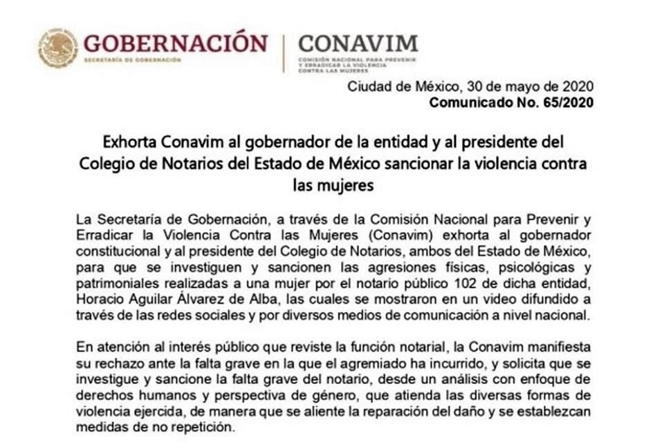 A través de la Conavim, la Segob exhortó al Gobierno del Estado de México sancionar las agresiones del notario Horacio Aguilar.