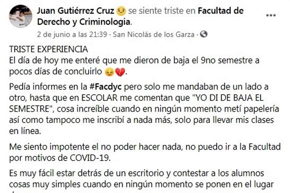 Los quejosos coinciden en que ninguno había aceptado dar de baja el semestre y atribuyen el movimiento a un error administrativo.