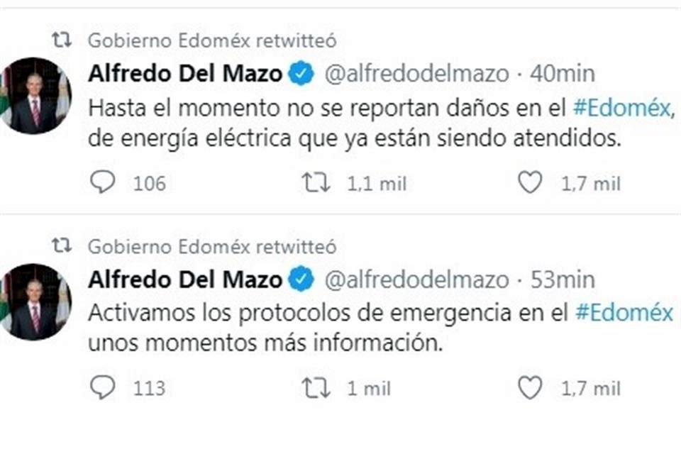 El Gobernador Alfredo Del Maza informó, a través de Twitter, que en el Estado de México se activaron los protocolos de emergencia.