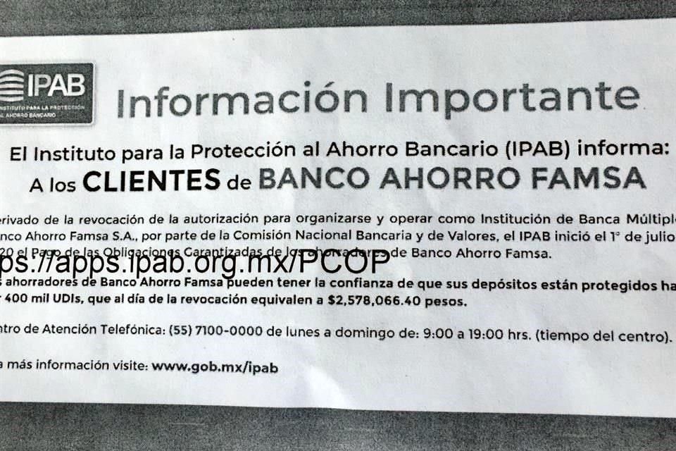 El monto protegido por el IPAB, para los ahorradores de Banco Famsa es de 400 mil UDIs, equivalentes a 2 millones 578 mil pesos.