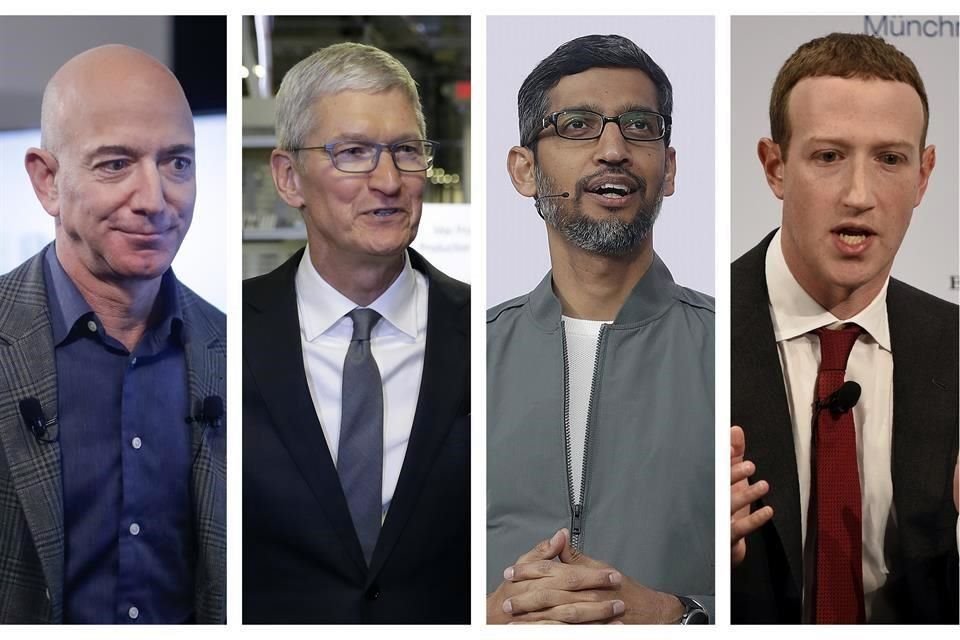 (De izq. a der.) Jeff Bezos, Tim Cook, Sundar Pichai y Mark Zuckerberg, presidente ejecutivos de Amazon, Apple, Google y Facebook, conocidas como 'BigTech'.