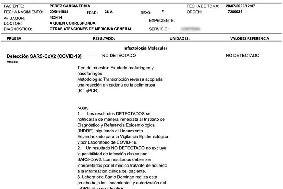 Tras realizarse la prueba en un laboratorio privado, Érika Pérez dio negativo.