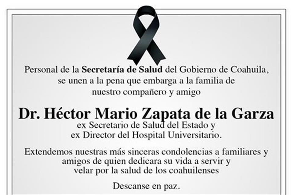 La Secretaría de Salud de Coahuila compartió esta imagen en redes sociales sobre el fallecimiento de Zapata de la Garza.