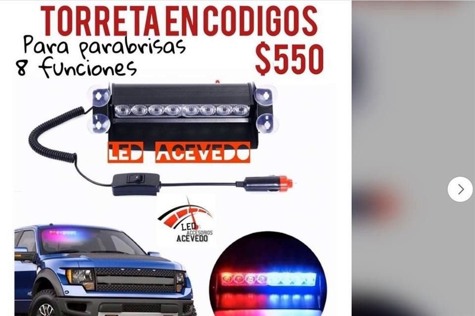 En un ejercicio de revisión, se detectaron más de 15 ofertas de luces rojas y azules, algunas incluso mencionadas como códigos de patrulla, con precios desde 160 pesos y hasta 600.