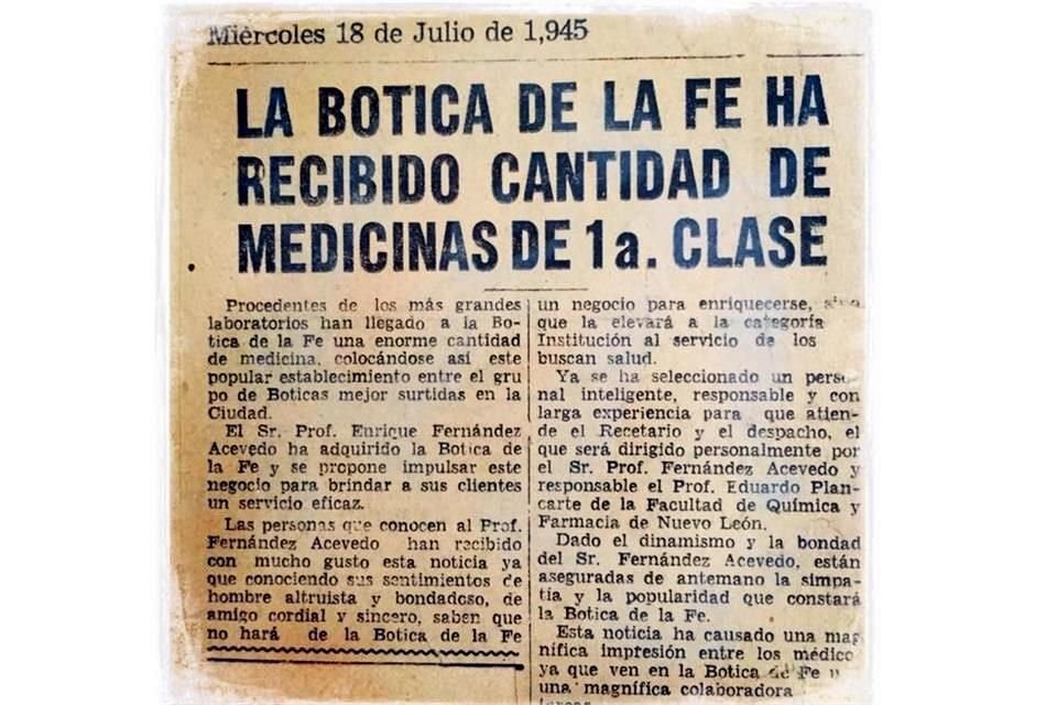 Nota en EL NORTE de la compra de la Botica La Fe en 1945.