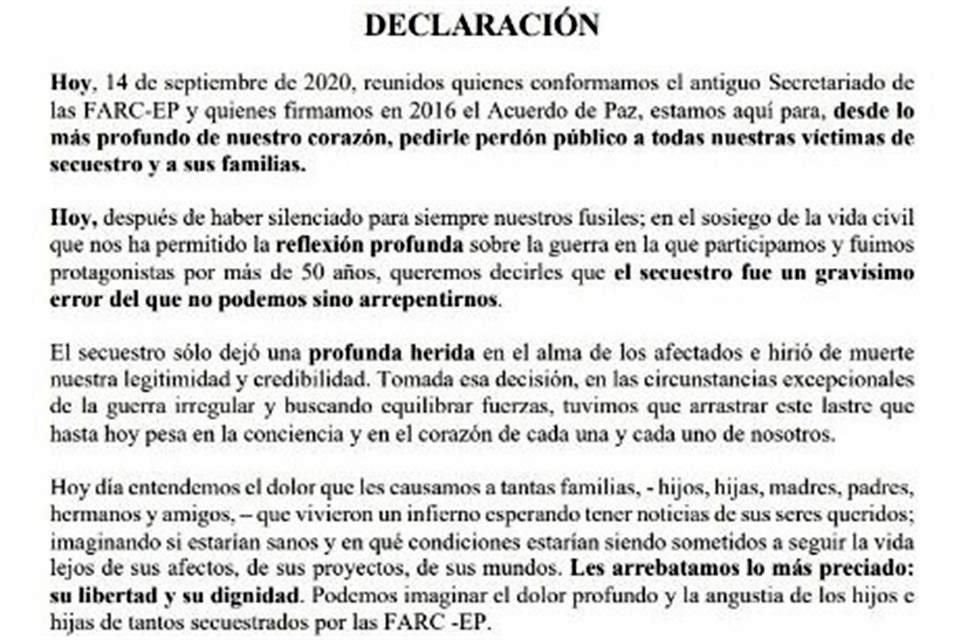 En la declaración, los firmantes reconocieron que actos como el secuestro dejaron 'una profunda herida en el alma de los afectados'.
