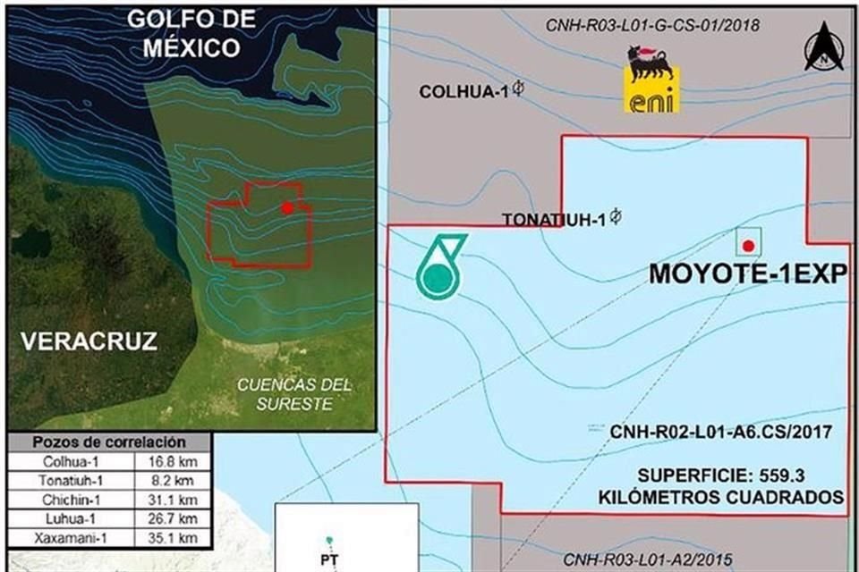 El pozo Moyote-1EXP está ubicado en en aguas someras del Golfo de México a 40 kilómetros del puerto de Coatzacoalcos y 120 km del puerto de Dos Bocas.