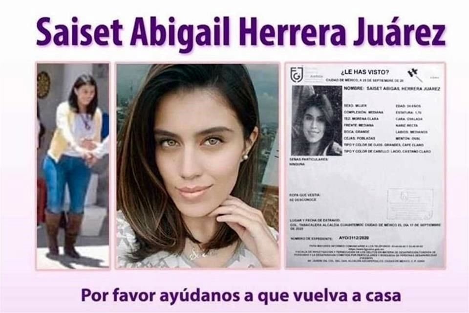 Saiset Abigail Herrera, de 24 años, desapareció el 17 de septiembre, en la Colonia Tabacalera.