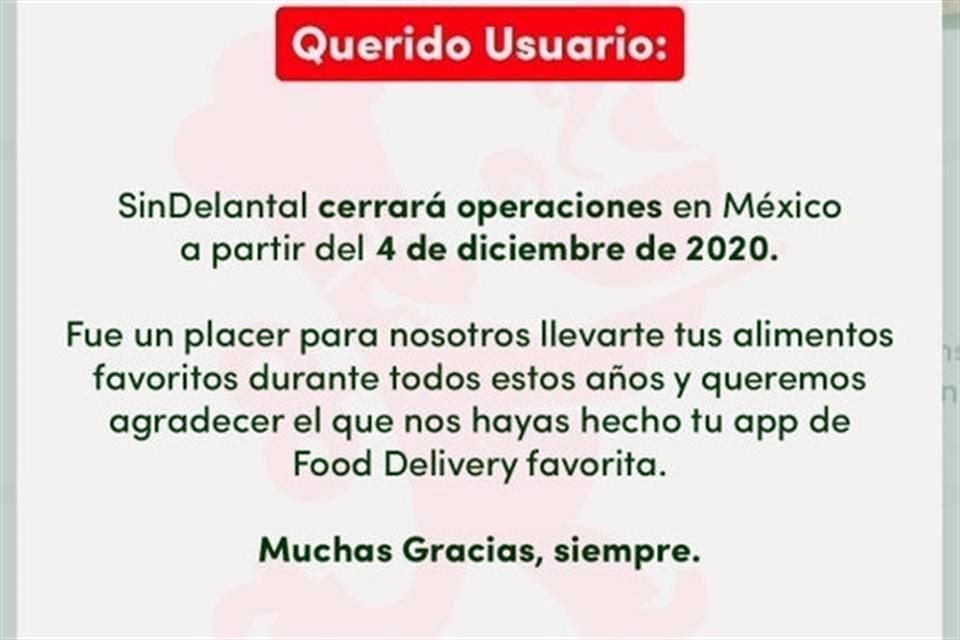 SinDelantal cerrará operaciones en México a partir del 4 de diciembre de 2020.