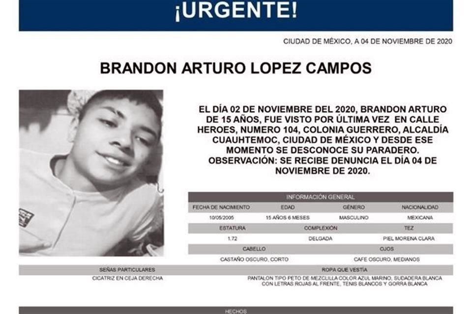 El menor de 15 años fue reportado como desaparecido el 2 de noviembre